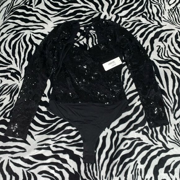 Fore black sequins sweetheart long sleeve bodysuit Onsie open keyhole tie back - Picture 5 of 11